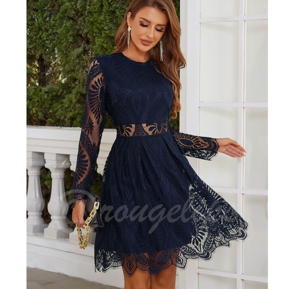 Rouge! Dresses & Skirts - Navy Blue Lace Elegant Dress Scallop Trim, Zipper Closure Sheer Long Sleeves